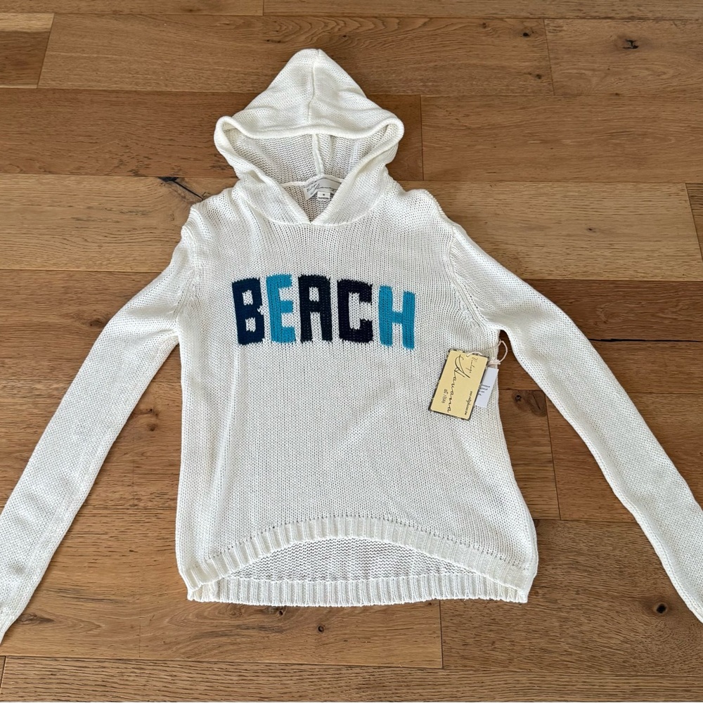 Vintage Havana Cream Hoodie Sweater with Blue and Black Lettering